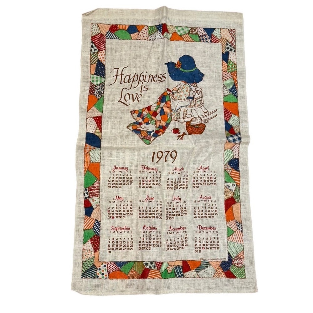 Vtg '79 Stevens Linen Calendar Tea Towel Happiness is Love Quilt Cat Cottagecore